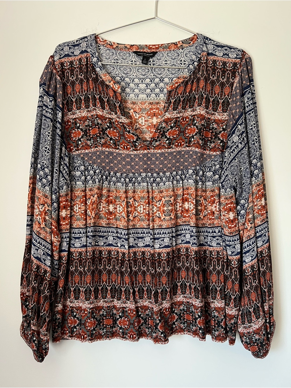 Lucky Brand Boho Mixed Print Long-Sleeve Peasant Blouse Casual Western Fall